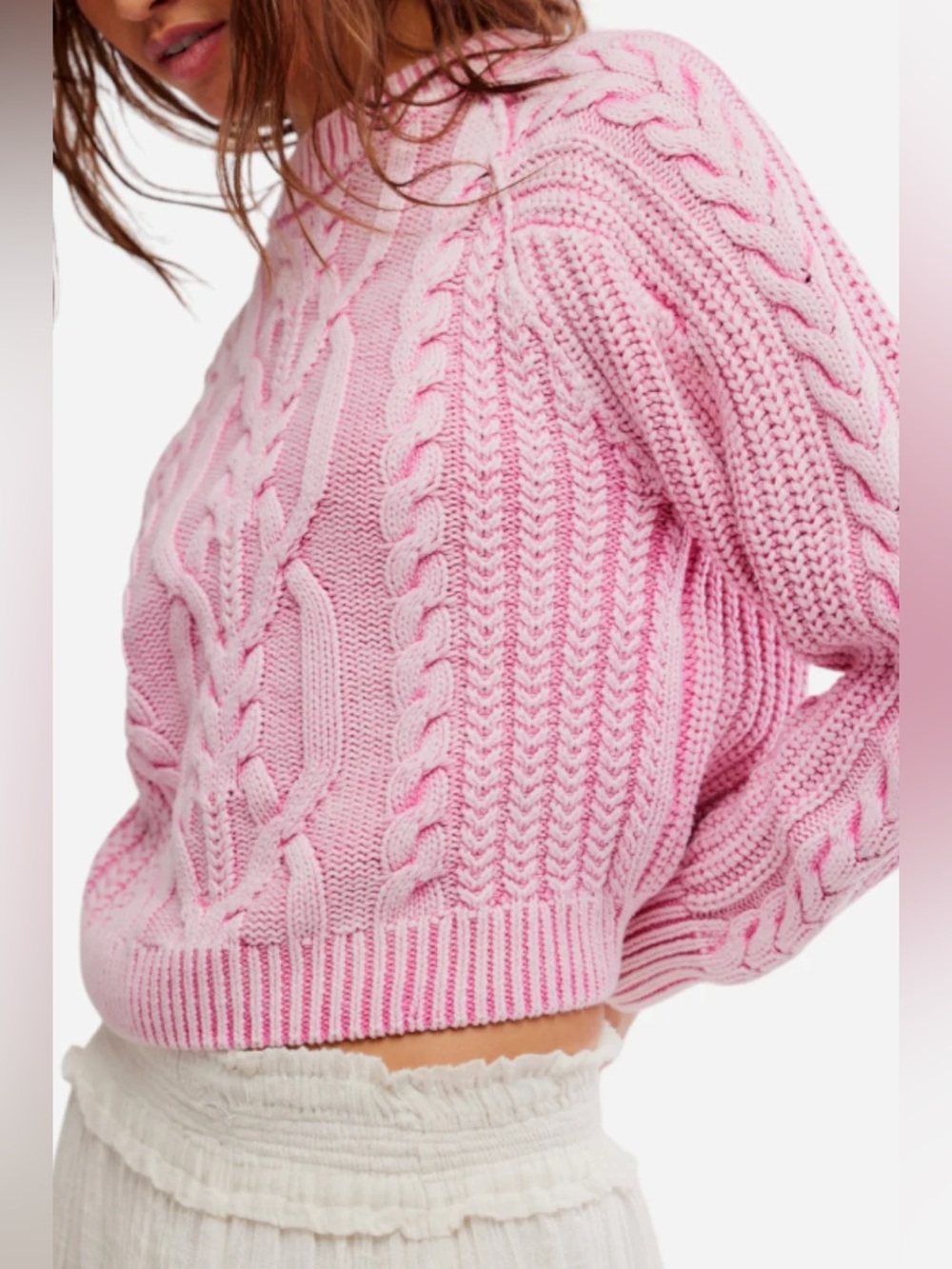 Free people Frankie cable knit cotton sweater in stunning pink mediums